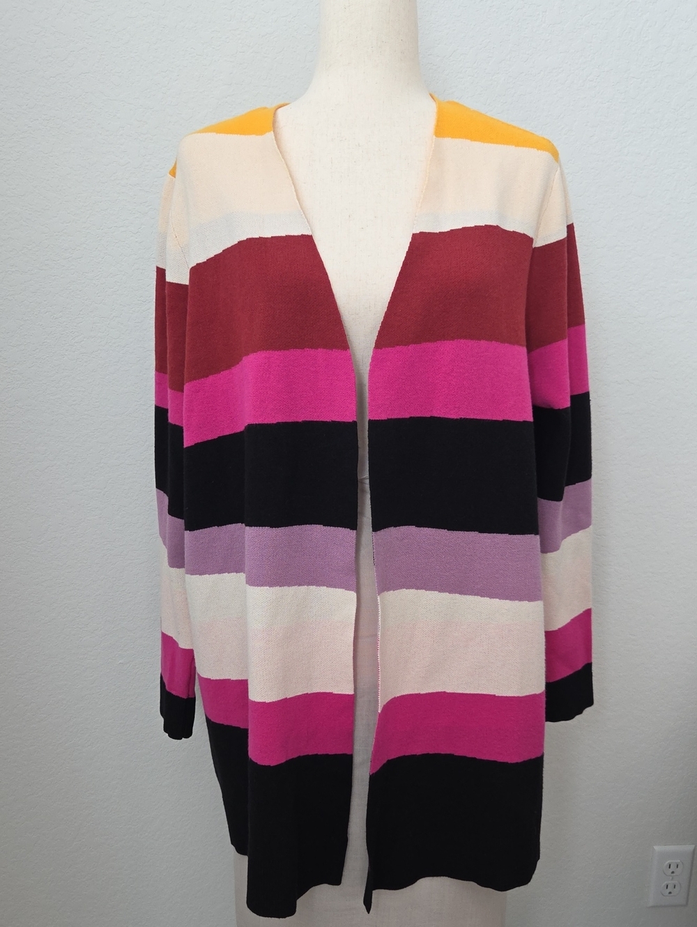 Lane Bryant Open Striped Cardigan Pink, Black, Cream, Purple Gold Block Long